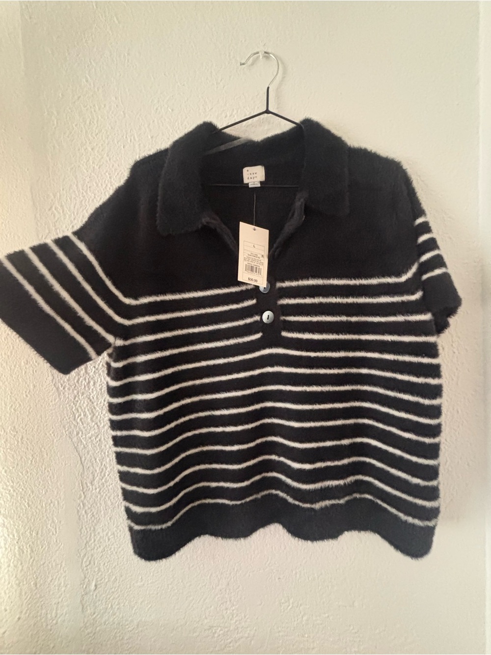 Black & White Striped Fuzzy Polo Sweater